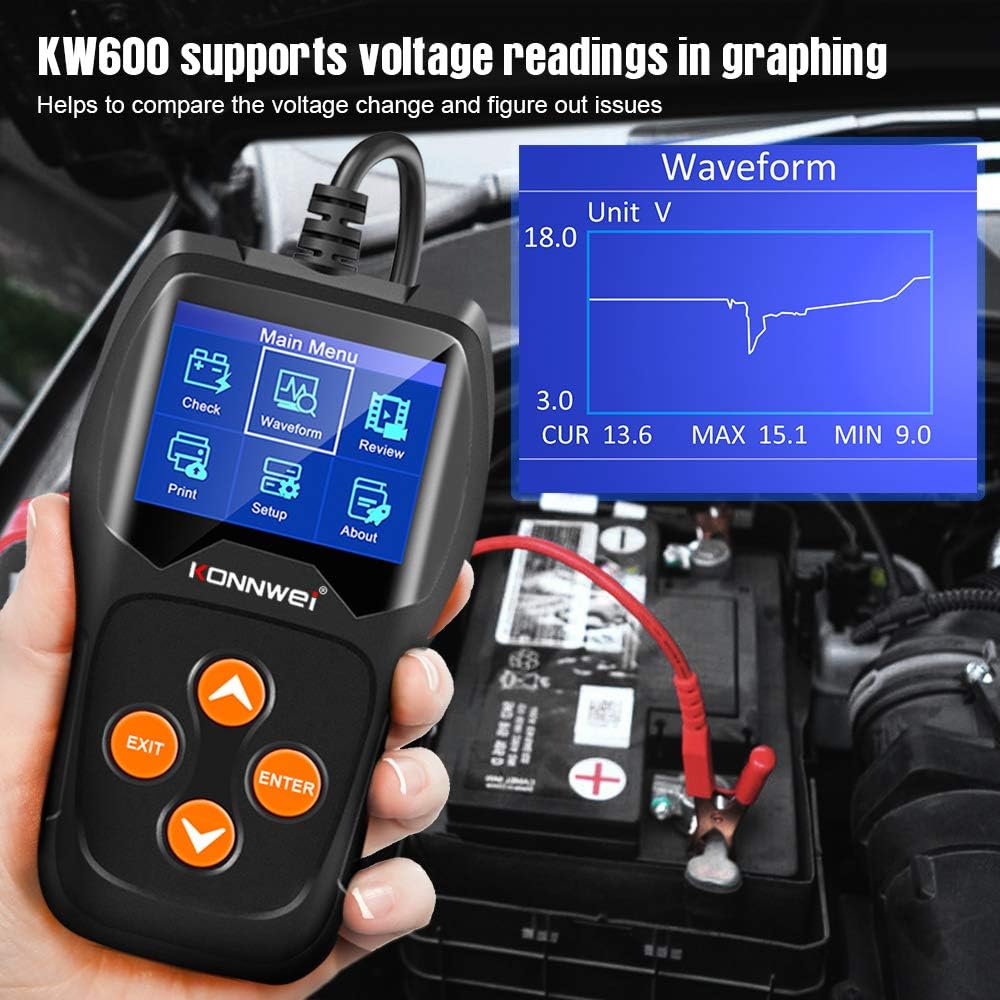 KONNWEI KW600 Car Battery Tester 12V Professional 100-2000 CCA Automotive Battery Load Analyzer and Alternator Tester Waveform Voltage Test for Car/Boat/Motorcycle…
