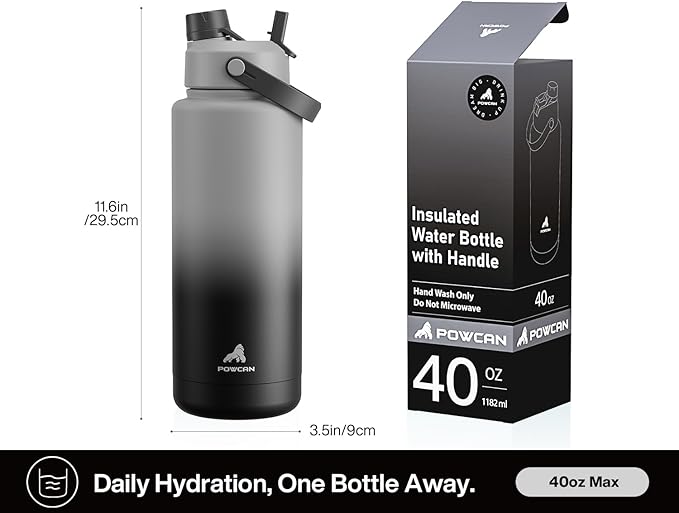 40 oz Insulated Water Bottle with 2-in-1 Straw and Spout Lid, Keep Cold 24H, Leak-Proof, BPA-Free, Double Wall Stainless Steel Water Bottle for Sports, Gym, Travel, and School (Obsidian)