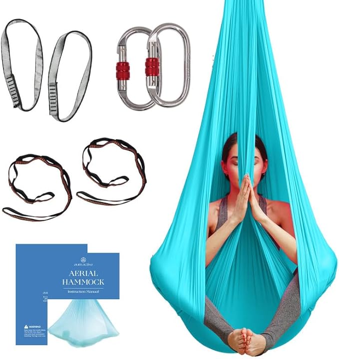 Aerial Silk Yoga Hammock & Swing for Home, Inversion Exercises, Starter Kit for All Levels - Durable with Extension Straps, Carabiners, and Pose Guide
