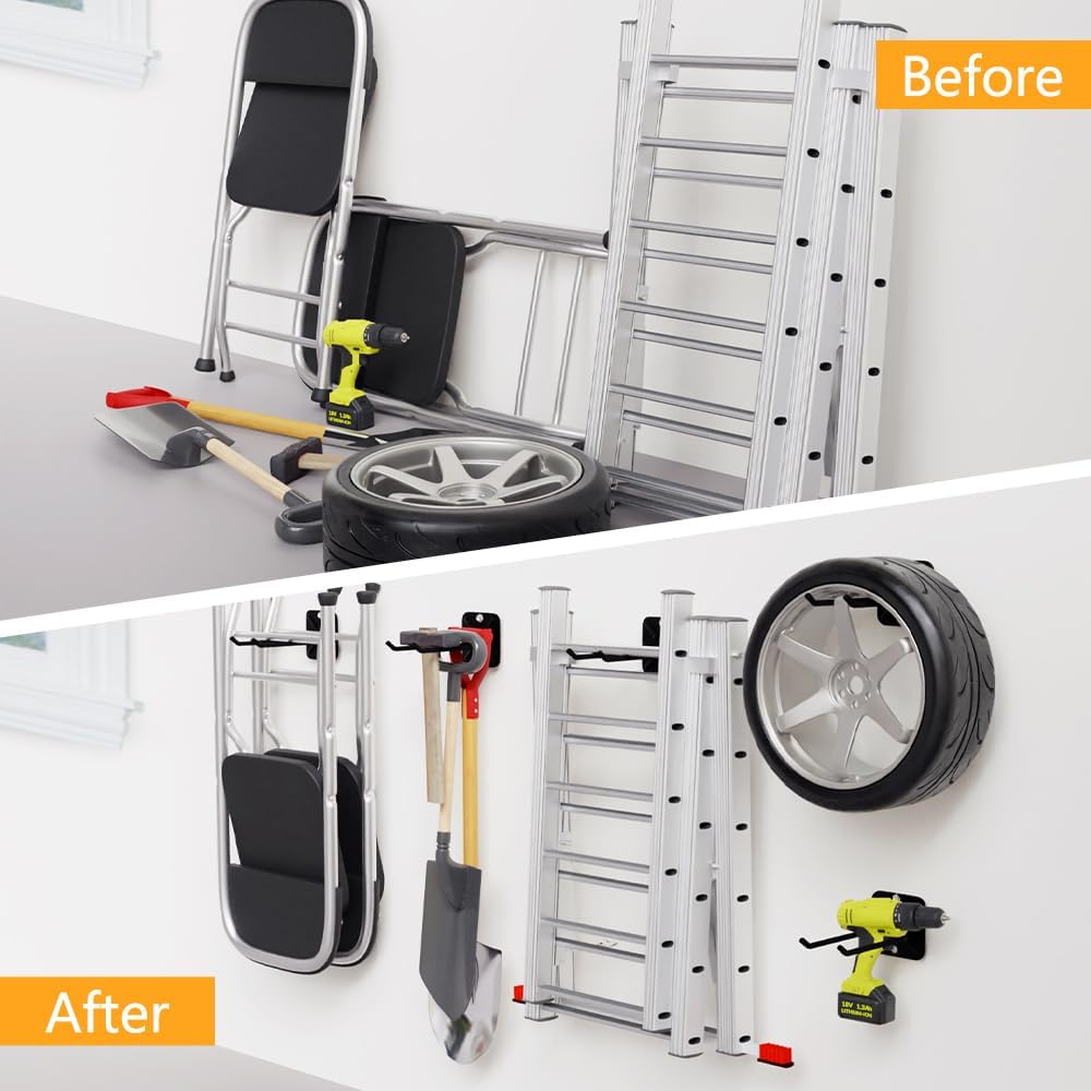 2PCS Heavy Duty Steel Hooks, Garage Hanger Storage Tool Organizer Rack, Wall Mount Utility Hooks to Hang Chairs, Ladders, Tires, Shovels, Strollers and More