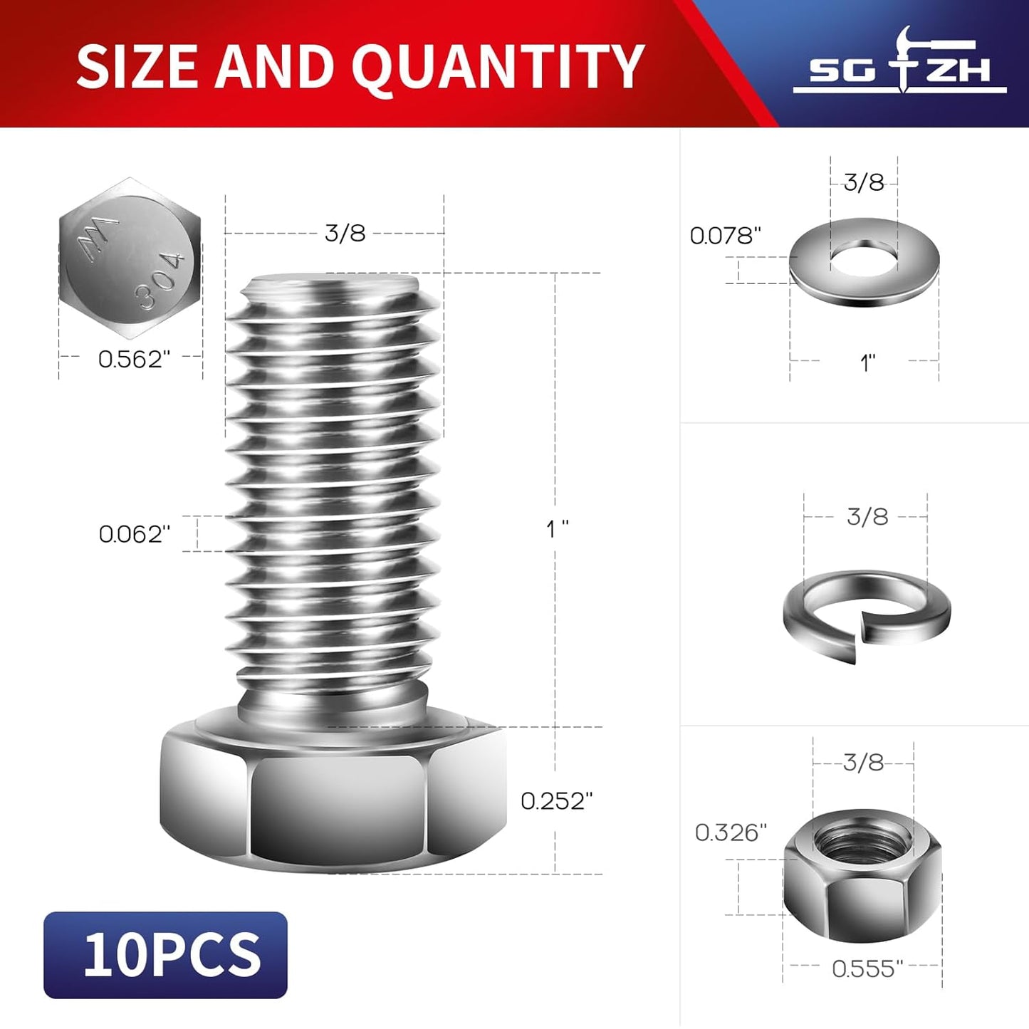 3/8-16 x 1" Hex Head Screw Bolt, Nuts, Flat & Lock Washers, 10Pcs 18-8 (304) Stainless Steel, Fully Threaded, by SG TZH