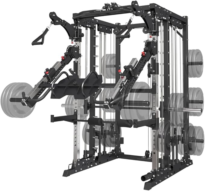 Commercial Smith Machine with Smith Bar, 4000LBS Power Cage Squat Rack with Lever Arm, Leg Press, LAT Pull Down System, Multi-Function Linear Bearing Cable Crossover Machine for Home Gym