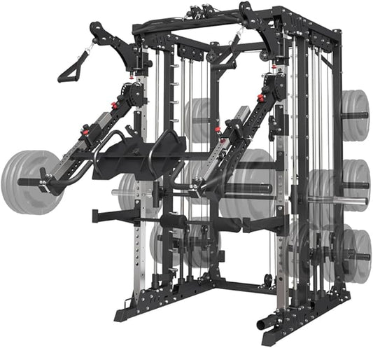 Commercial Smith Machine with Smith Bar, 4000LBS Power Cage Squat Rack with Lever Arm, Leg Press, LAT Pull Down System, Multi-Function Linear Bearing Cable Crossover Machine for Home Gym