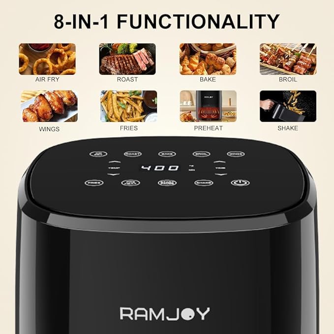 Air Fryer 3.8 Quarts for 1-2 people, 8-in-1 Functions, Air Fry, Roast, Bake, Broil, Preheat, Shake, Digital Small Air Fryer, Nonstick Dishwasher-Safe Basket, Compact Air Fryers, Black