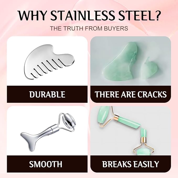 Gua Sha Facial Tool and Face Roller Set, Stainless Steel Lymphatic Drainage Massager for Face, Head, Eyes, Chin and Jaw, Lifting, Massage Scraping with Travel Pouch