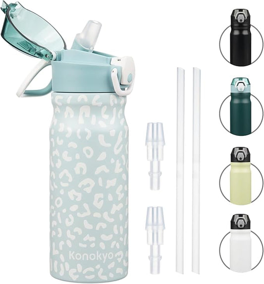 Insulated Water Bottle with Straw and Carry Loop,18 oz Stainless Steel Double Wall Vaccum Metal Water Flask with Leak-proof Lid,Light Blue Leopard