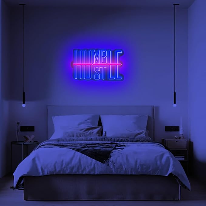 Humble&Hustle Neon Sign Light Up for Wall Decor Hustle Led Sign for Gym Small Acrylic Art Decor for Office Bedroom Decorations 16.54x9.45 inch