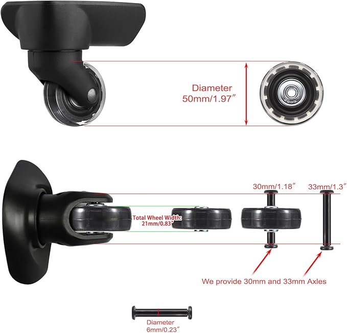 OwnMy 50mm x 17mm Clear Luggage Wheels Replacements Set of 2 - Mute Suitcase Swivel Wheels Kit With Screws, Axles, Bearings - Rotatable Rubber Silent Wheels