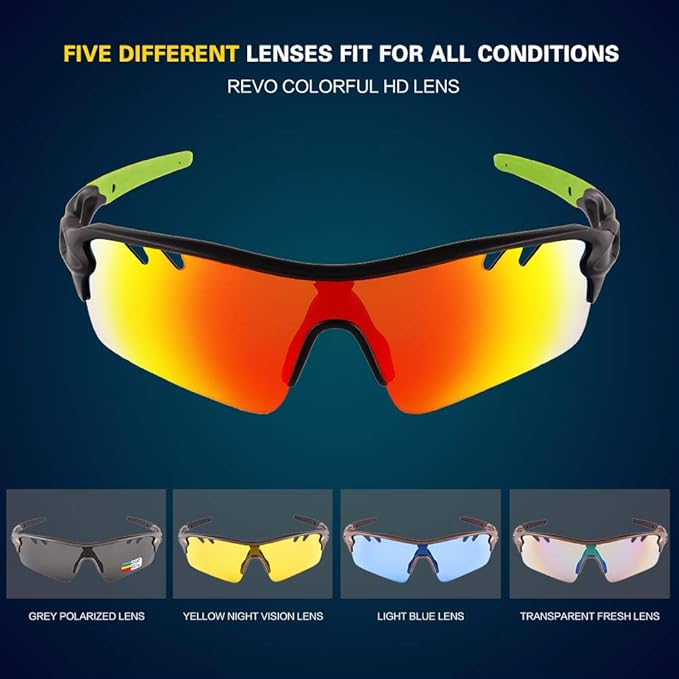 BangLong Polarized Sports Sunglasses Cycling Sun Glasses for Men Women with 5 Interchangeable Lenes for Running Baseball Golf