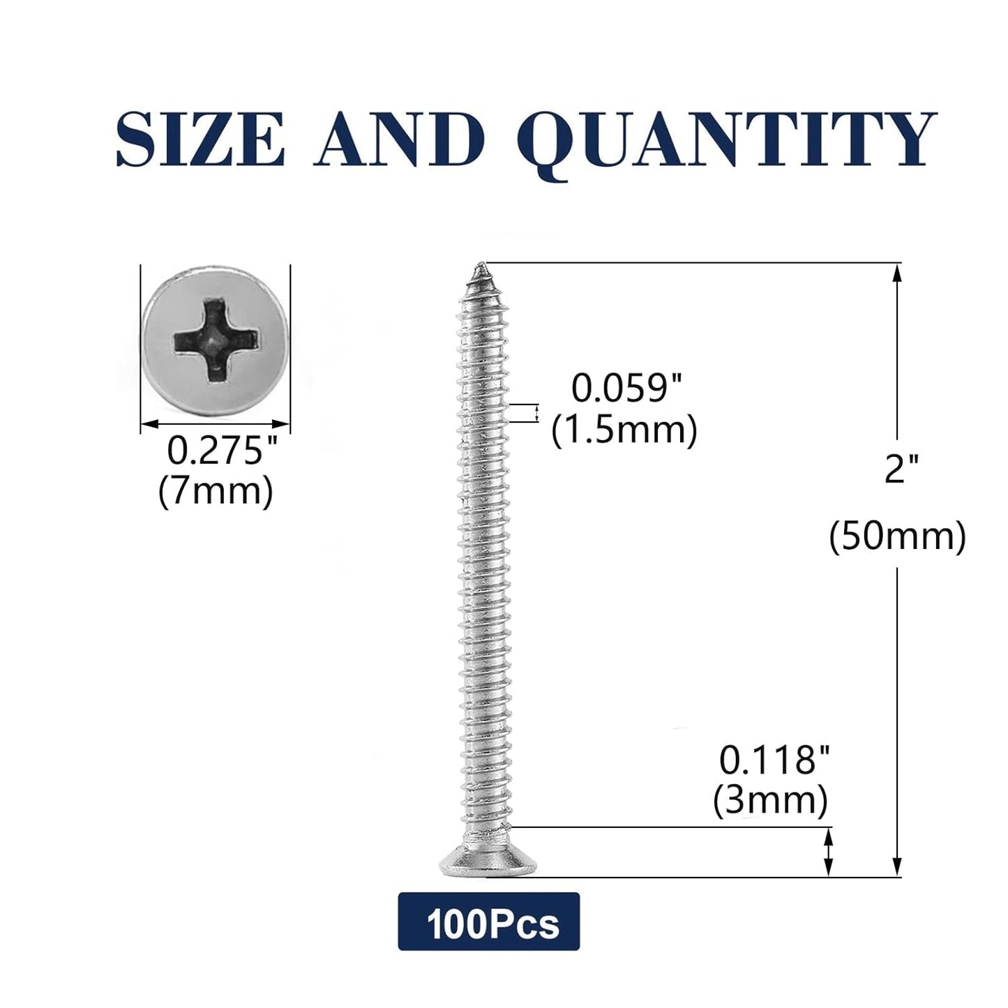 #7 x 2" Wood Screw 100Pcs 18-8 (304) Stainless Steel Screws Flat Head Phillips Fast Self Tapping Drywall Screws by SG TZH