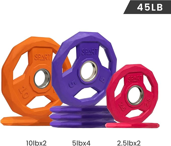 SPART Color Coded Weight Plate 2-Inch Rubber Coated Olympic Grip Plate for Barbell, Solid Cast Iron Weight Plates for Strength Training, Weightlifting, Crossfit, Home Gym, 2.5LB/5LB/10LB/25LB/35LB/45LB, Pair