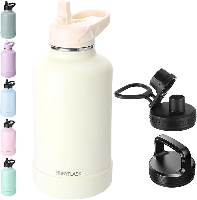 64oz Insulated Water Bottle with Straw, Half Gallon Stainless Steel Vacuum Water Jug, Large Thermal Water Bottle Flask with Leakproof 3 Lids for Travel, Camping, Gym Sports Cream