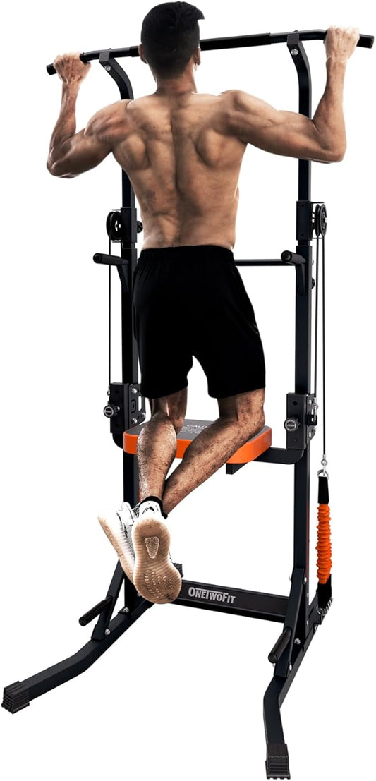 ONETWOFIT Power Tower Pull Up Bar Station Assistive Trainer, Multi-Function Adjustable Height Dip Station for Home Gym Workout, Strength Training Fitness Equipment, Pull Up Stand 360LBS