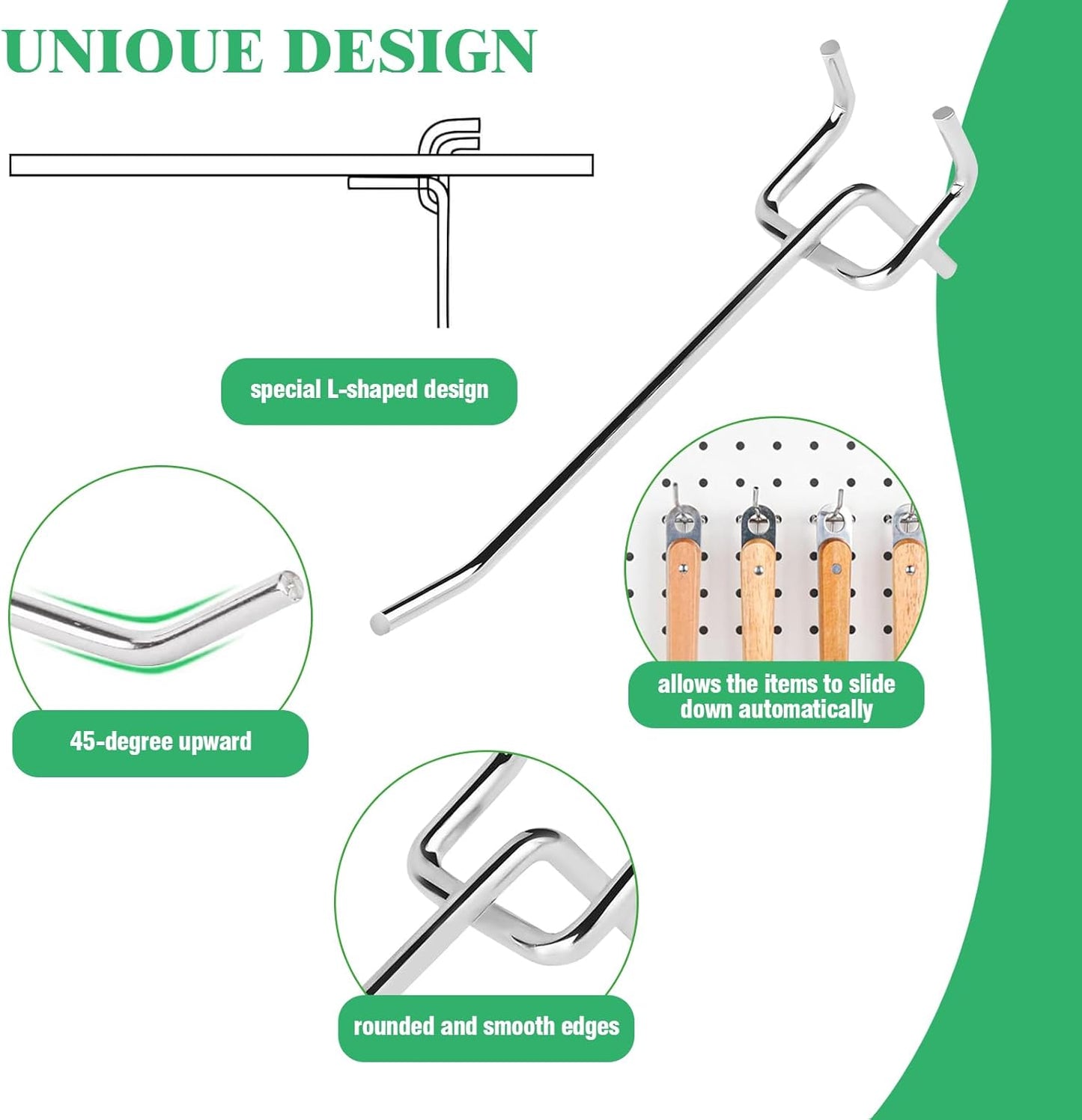 50Pcs 4"/10CM Pegboard Hooks Assortment Set, Metal Peg Board Hooks with 2.5mm Hole Pitch 4mm Wire Diameter Slatwall Hanging Hook for Garage Organization Wall Hanging (Silver)