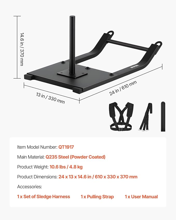 VEVOR Weight Sled, Steel Power Sled, Fitness Strength Training Sleds for Athletic Exercise Speed Improvement, Workout Fitness Equipment with Harness, Compatible with 1/2 in Weight Plates, Black