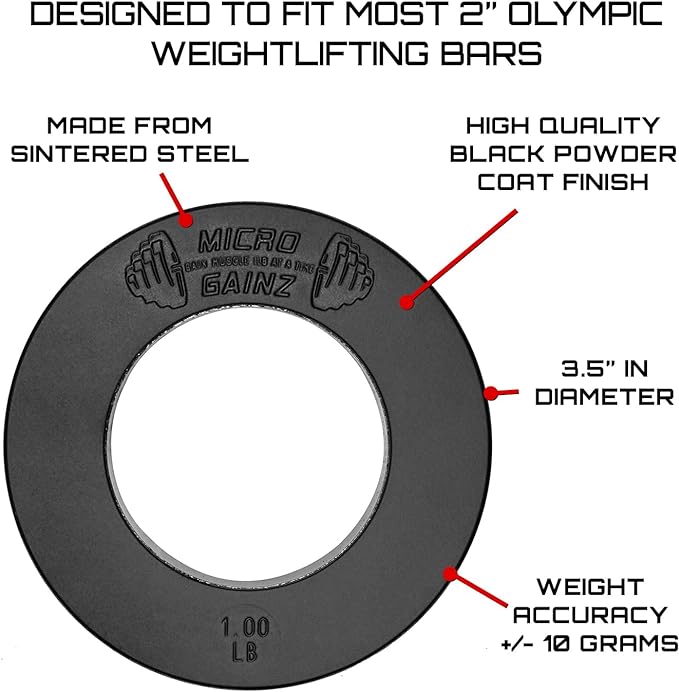 Micro Gainz Calibrated Fractional Weight Plate Set of 2 Plates, Choose Set (.25LB-1.25LB), Designed for Olympic Barbells for Strength Training & Micro Loading Bar Weights, Made in USA