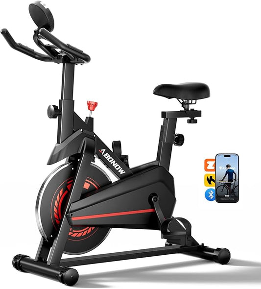 Exercise Bike, Brake Pad Stationary Bikes for Home with App Compatible, Low Noise Indoor Cycling Bike, 300lbs Capacity Compact Workout Bike with Tablet Mount & Extra Comfort Seat