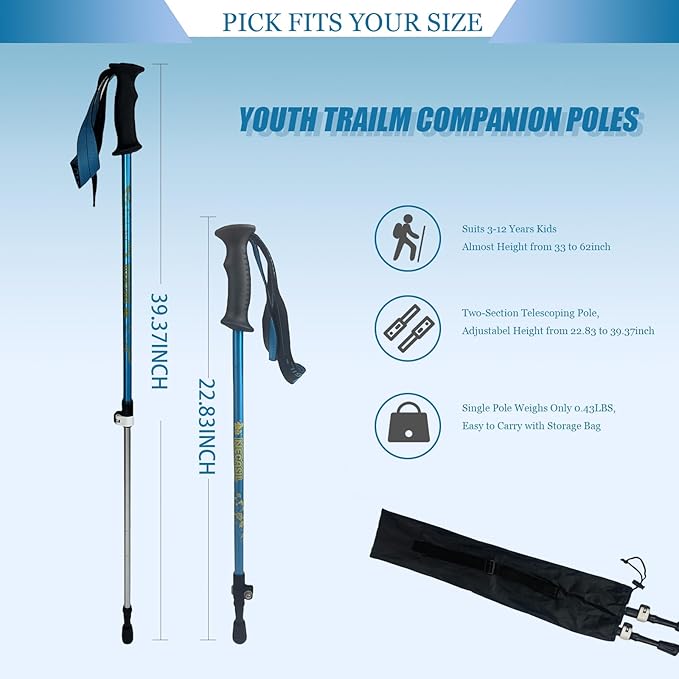 Kids Hiking Poles, 2PCS Todder Collapsible Trekking Poles for Hiking, Ski, Outdoor Activities, Todder Hiking Essentials for Boys and Girls, Blue, Pink Available