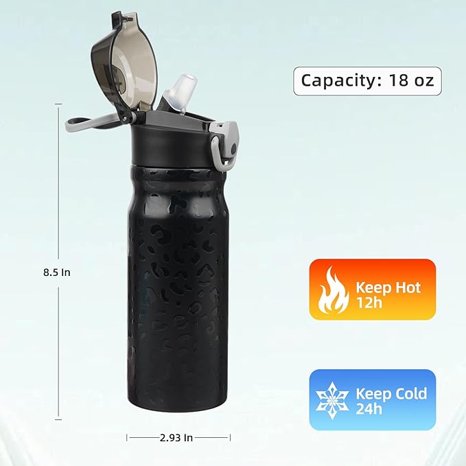 Insulated Water Bottle with Straw and Carry Loop,18 oz Stainless Steel Double Wall Vaccum Metal Water Flask with Leak-proof Lid,Black Leopard
