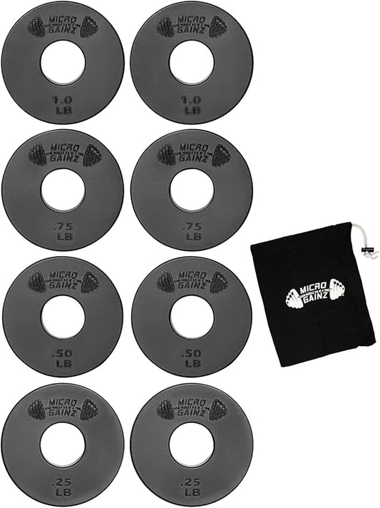 Micro Gainz Standard 1-Inch Center Hole Fractional 8 Piece Weight Plates with Bag, Designed for Standard 1-Inch Dumbbell & Barbell for Strength Training and Weight Lifting, Made in USA