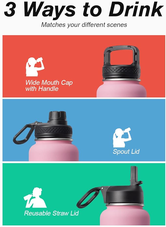 40 oz Insulated Water Bottle with Straw&3 Lids, Coolflask Stainless Steel Metal flask Wide Mouth for Sports or Office, Non-BPA Keep Cold Up to 48 Hrs or Hot Up to 24 Hrs, Bubblegum Princess