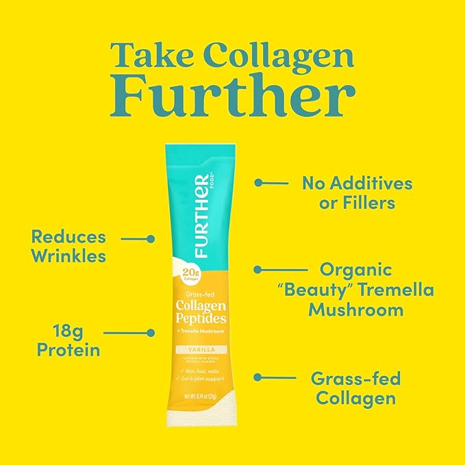 Further Food Vanilla Collagen Peptides Powder Stick Packs, Grass-Fed Pasture-Raised Hydrolyzed Type 1 & 3 Protein, Gut Health + Joint, Hair, Skin, Nails, Paleo Keto Sugar-Free 8.89 oz