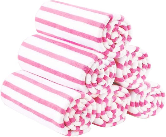 JML Microfiber Beach Towels, Quick Dry Bath Towel Set 6 Pack, 27" x 55" - Cabana Stripe -No Fading, No Linting Microfiber Towels for Hair Wrap, Pool, Bath, Sport, Yoga, Camping, Swimming, Pink