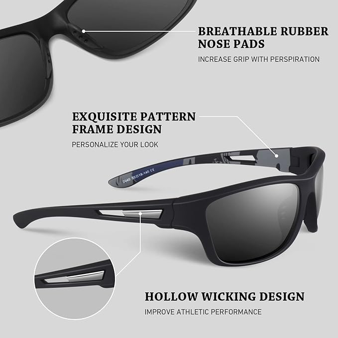 Polarized Sports Sunglasses for Men Women,Fishing Driving Rectangular Goggles UV400 Protection