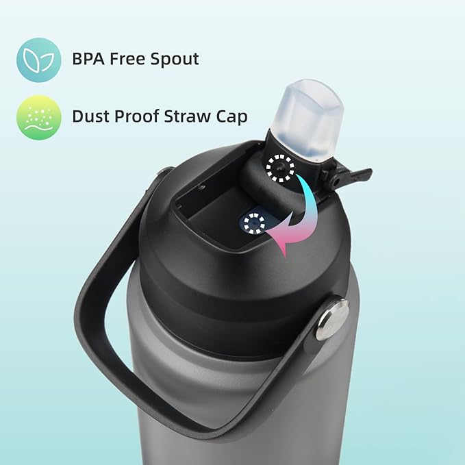 Insulated Water Bottle with Straw Lid,40 oz Stainless Steel Vacuum Metal Bottle with Silicone Handle,Gray Black