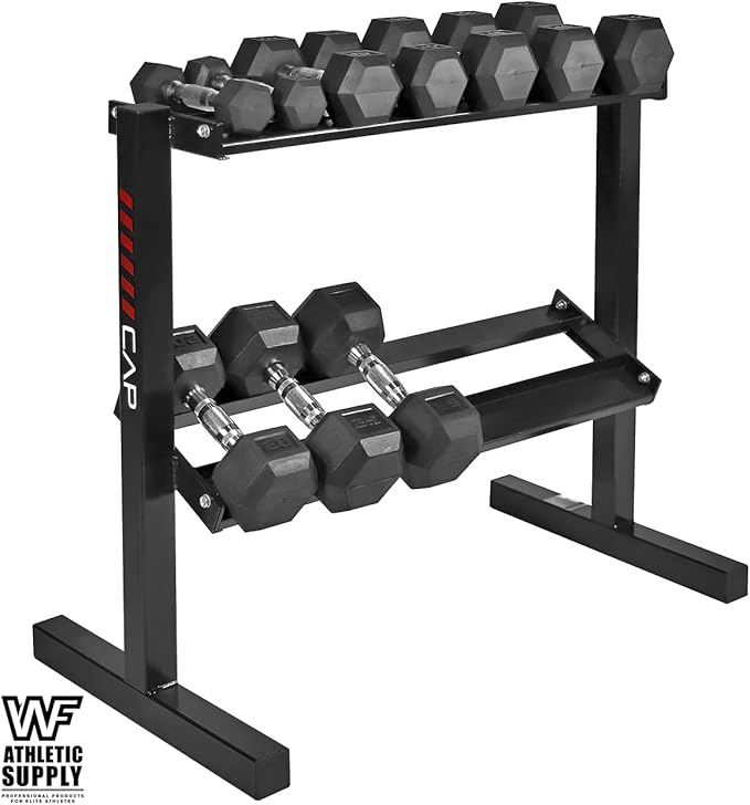 WF Athletic Supply Rubber Coated Hex Dumbbell Set with Two Tier Premium Storage Rack Built for Strength Building, Weight Loss & Home Gym – Multiple Sets Available