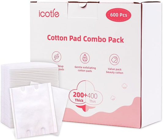 600 PCS Square Cotton Pads, Soft and Lint-Free, Includes 400 Ultra-Thin and 200 Thick Pads, Hypoallergenic Makeup Remover for Face, Eyes and Lips and Daily Skin Care