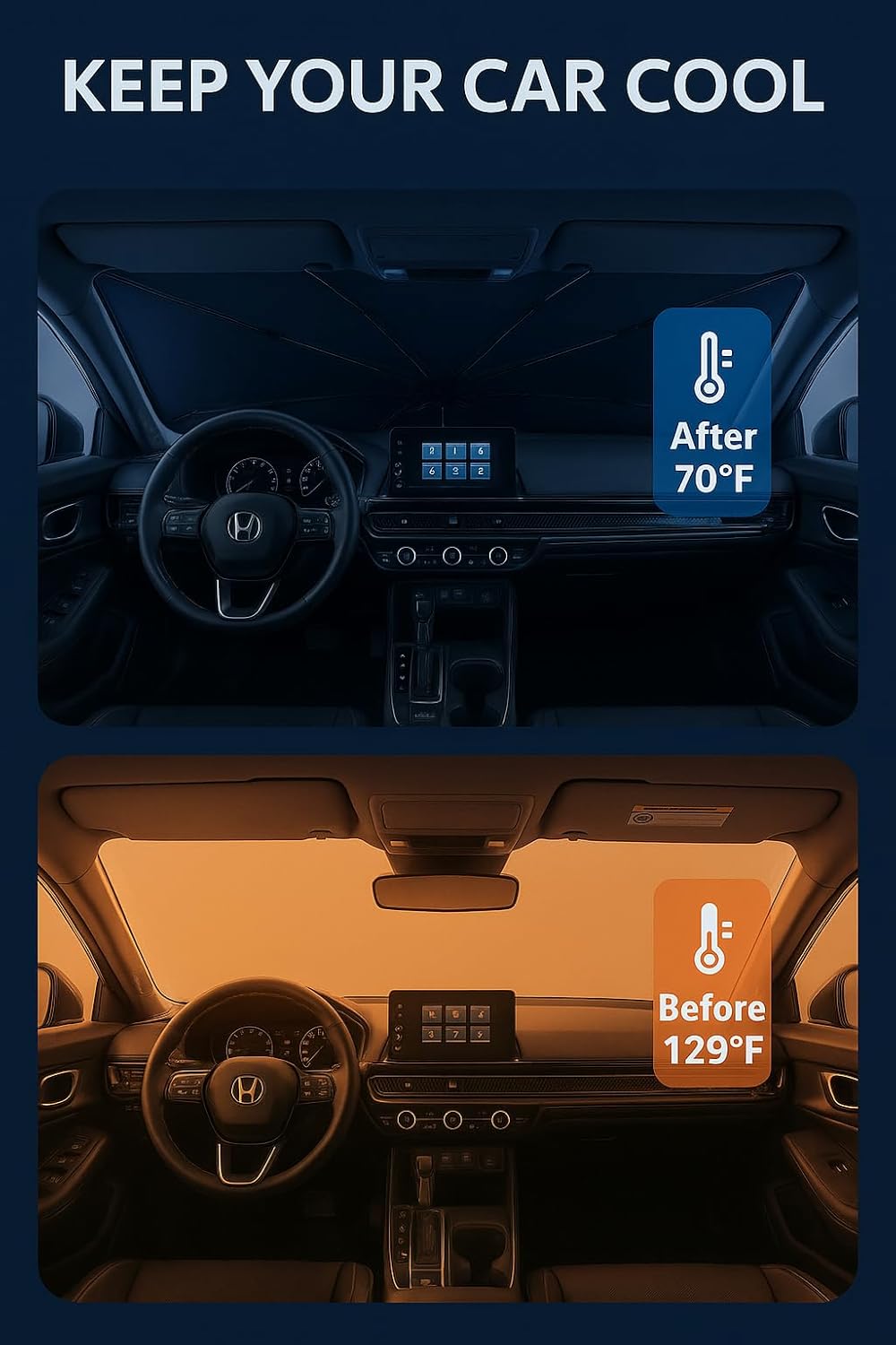 Proadsy Windshield Sun Shade Umbrella for Honda CRV CR-V 2023-2025 2026 Foldable Car Umbrella Sunshade with Soft TPU Handle Spring Structure Crystal Cooling Material Protect Car from Rays & Heat