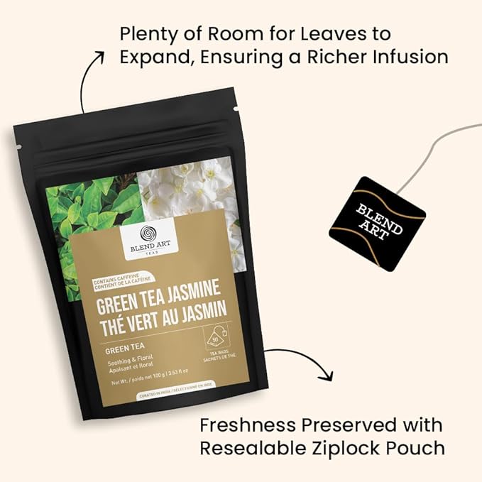 Jasmine Green Tea Bags, 50 Counts, Mountain Loose Leaf Green Tea, Flavored, Delightful Aroma, Sugar Free, 100% Natural Gluten Free, Medium Caffeine Brew As Hot, Cold Or Iced Tea