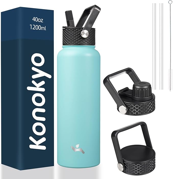 40oz Insulated Water Bottle Stainless Steel Sport Bottles with 3 Lids,Turquoise