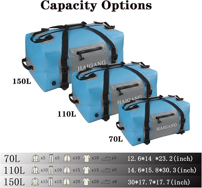 110L Waterproof Duffel Bag Travel Dry Bag, Large Capacity, Adjustable Thickened Straps and Handles, Zip Closure, Air Valve, Fully Waterproof, Perfect for Boating, Rafting, Motorcycle Kayaking
