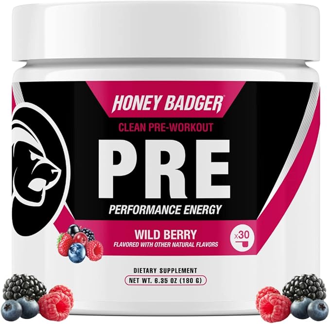 Honey Badger Pre Workout Powder, Keto Vegan Preworkout for Men & Women, Beta Alanine & Caffeine, Sugar Free Natural Energy Supplement, Wild Berry, 30 Servings