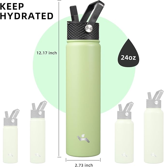Insulated Water Bottle 24oz Stainless Steel Sport Bottles with 3 Lids,Macaron Green