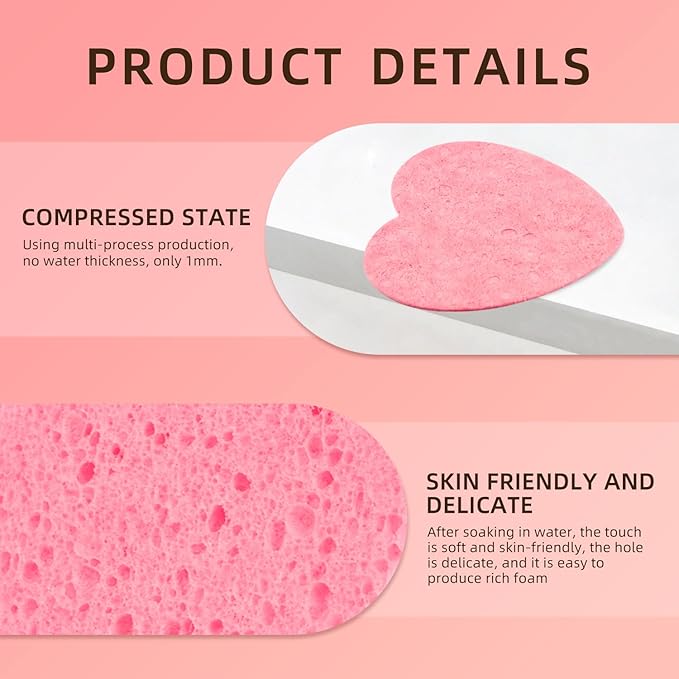 50-Count Heart Shape Compressed Facial Sponges, 100% Natural Cosmetic Spa Sponges for Facial Cleansing for Daily Facial Cleansing, Exfoliating Mask, Makeup Remover. Ideal for Home and Travel.