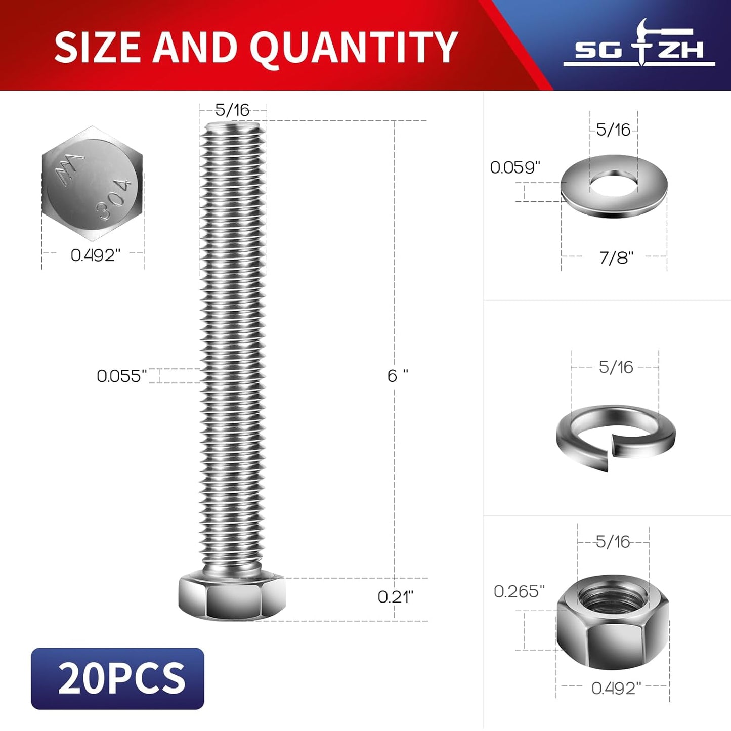 5/16-18 x 6" Hex Head Screw Bolt, Nuts, Flat & Lock Washers, 20Pcs 18-8 (304) Stainless Steel, Fully Threaded, by SG TZH