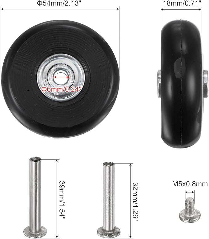 uxcell Replacement Luggage Wheels 54x18mm Suitcase Wheel Repair Kits Include 2 PU Bearing Wheels & Washers, Wrenches & Axle Screw for Trolley Bag, Inline Skate and Caster Board