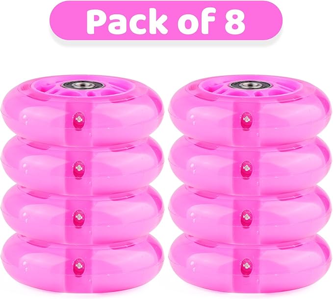 8pcs Inline Skate Wheels Led Light-Up Wheels 64/70/72/76/80mm w/Bushings 85-88A for Kids and Youth Beginners Children's Inline Skates Indoor/Outdoor Use (Pink, 80mm)