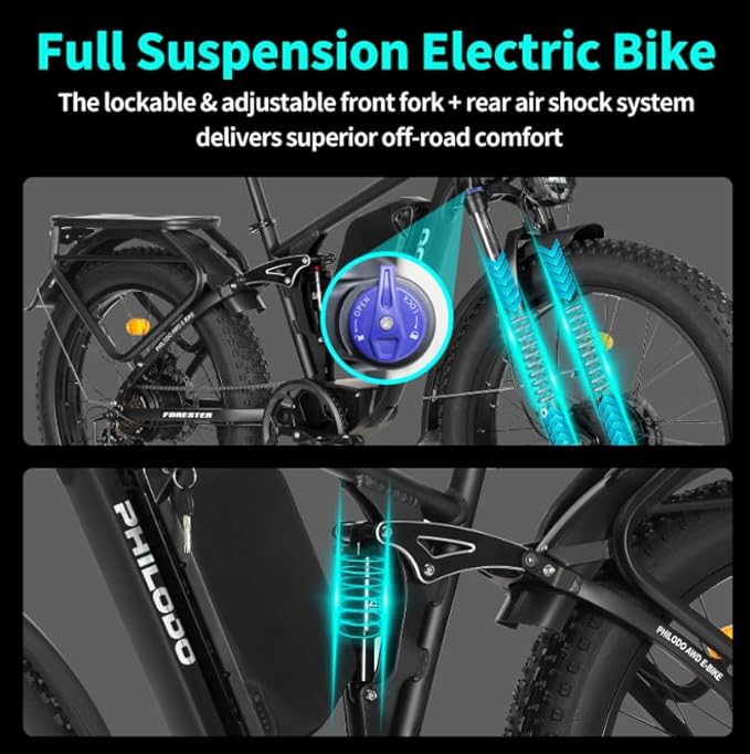 PHILODO Forester Electric Bike, 60V 26Ah Bike Battery for Long Range with 5000W Dual Motor Ebike for Adults, 26x4 Electric Bike Fat Tires for All Terrain Electric Mountain Bike