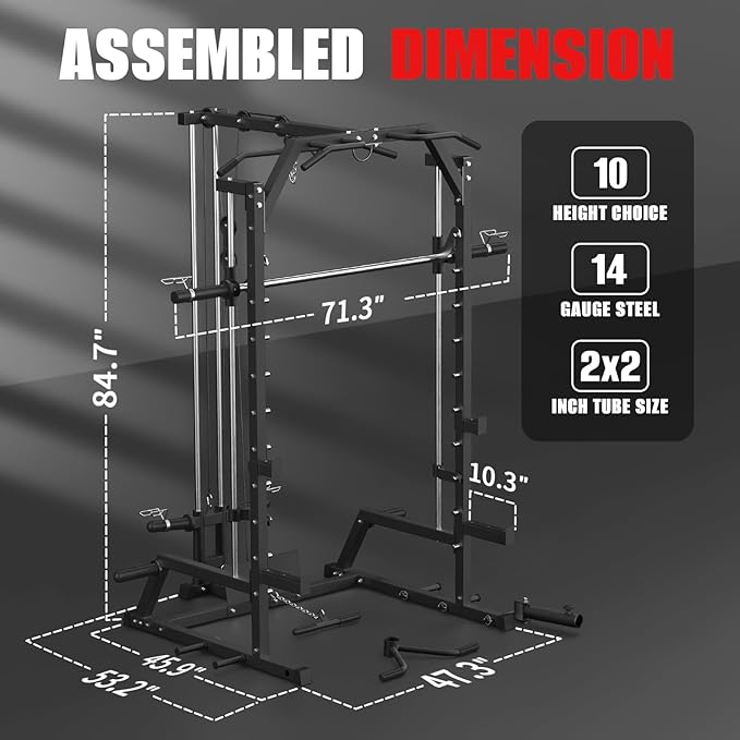 Smith Machine, Power Rack with LAT Pulldown System, Power Cage with Cable System, Squat Rack for Home Gym with Chest Press Machine, Spotter Arms, Leg Curl Attachment and More