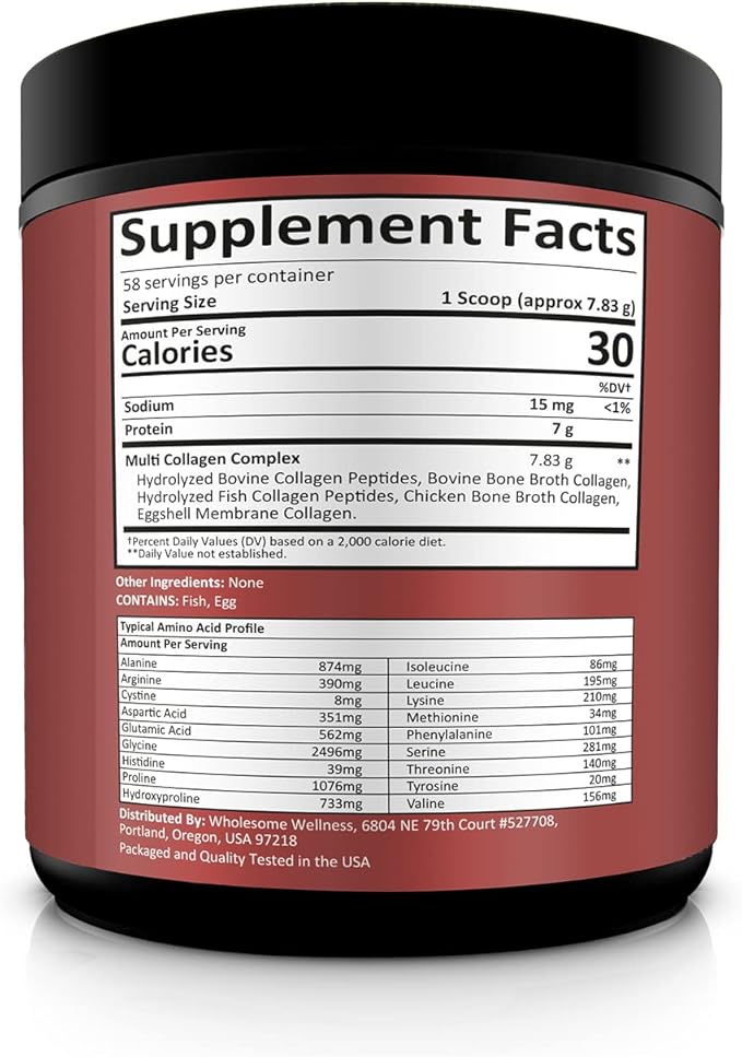 Wholesome Wellness Multi Collagen Protein Powder Hydrolyzed (Type I II III V X) Grass-Fed All-in-One Super Bone Broth + Peptides - Premium Blend of Beef, Chicken, Wild Fish, Eggshell, 58 Servings