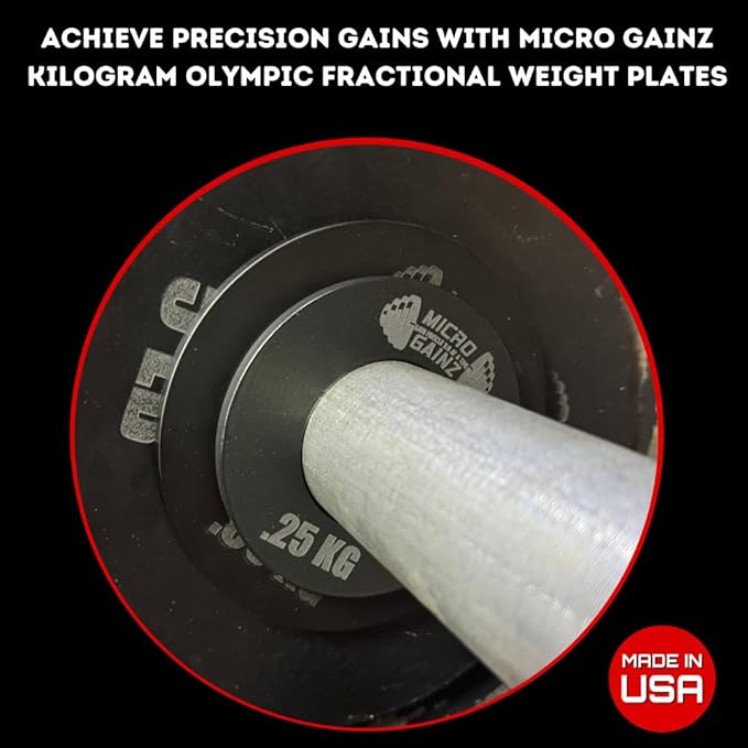 Micro Gainz Kilogram Fractional Weight Plate Set of 2 Plates, .25KG, .50KG or 1KG, Plate Set Designed for Olympic Barbells & Strength Training, Made in USA