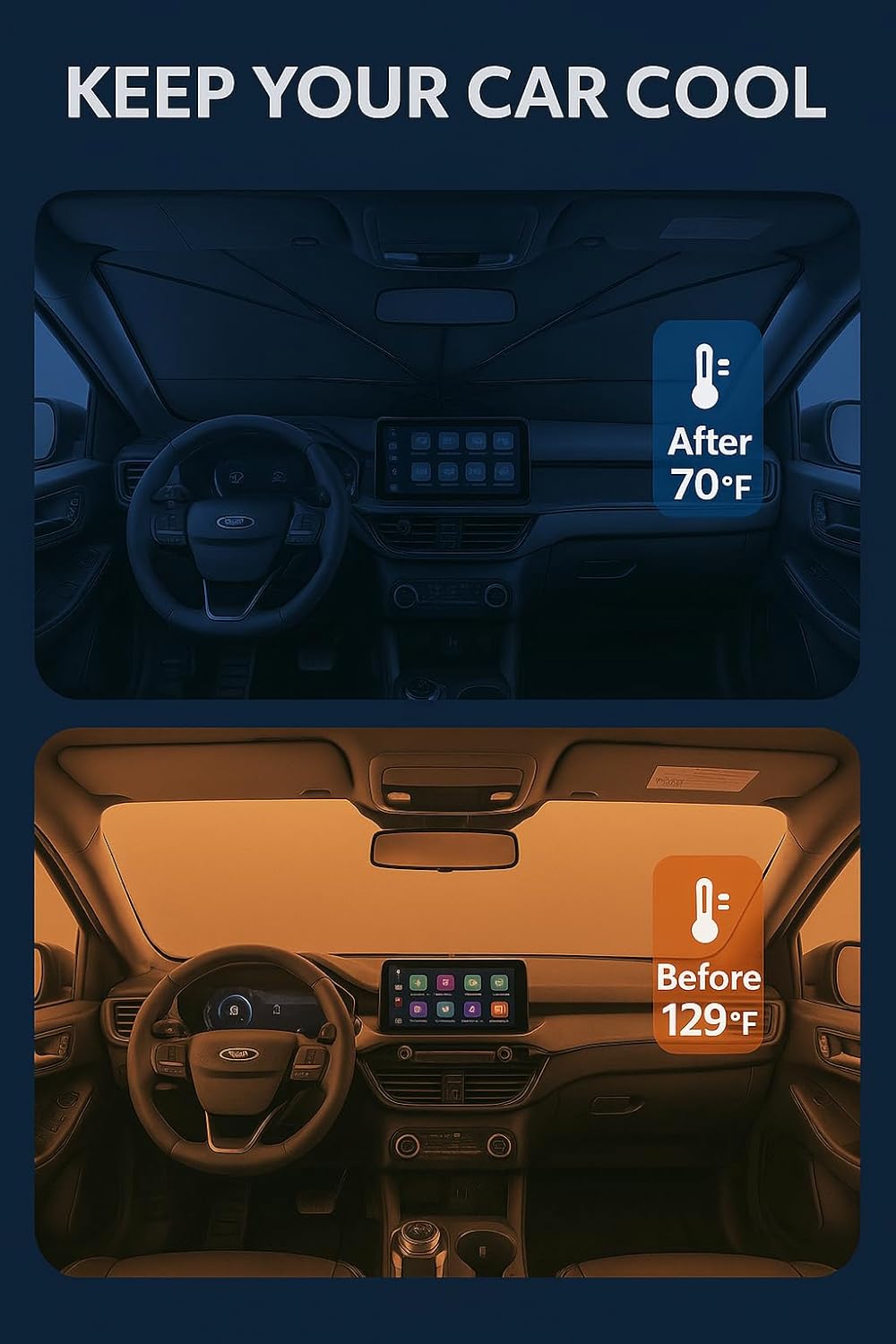 Proadsy Windshield Sun Shade Umbrella for Ford Explorer 2020-2025 Foldable Car Umbrella Sunshade with Soft TPU Handle Spring Structure Crystal Cooling Material Protect Car from Rays & Heat