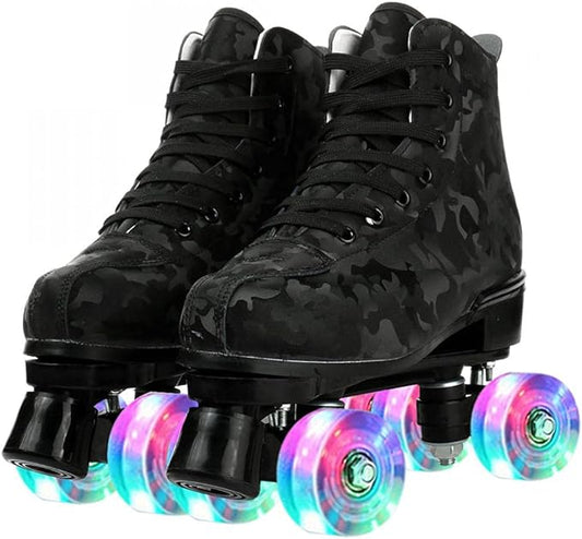 Roller Skates for Women and Men Cowhide High-Top Shoes Classic Double-Row Roller Skate Four-Wheel Roller Skates for Men Girls Unisex Christmas
