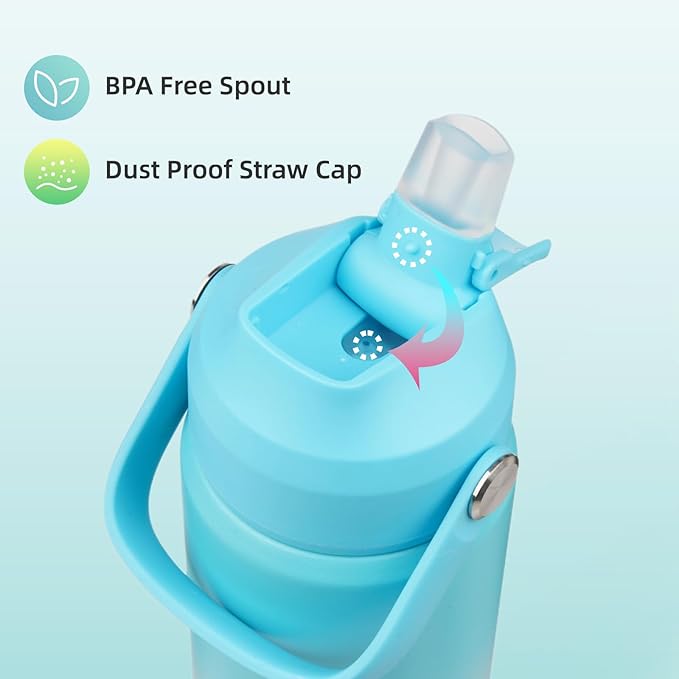 Insulated Water Bottle with Straw Lid,24 oz Stainless Steel Vacuum Metal Bottle with Silicone Handle,Sea Salt