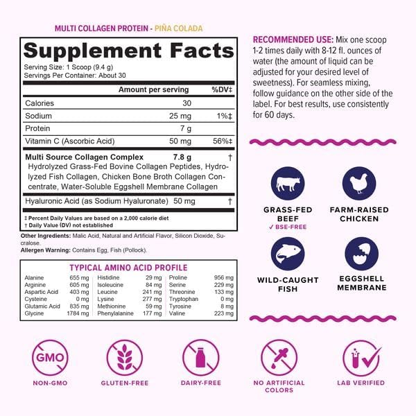 Multi Collagen Peptides Powder for Women - Hydrolyzed Flavored Collagen Powder for Women with Types I II III V & X Vitamin C & Hyaluronic Acid for Hair Skin and Nails (Pina Colada) - 30 Servings