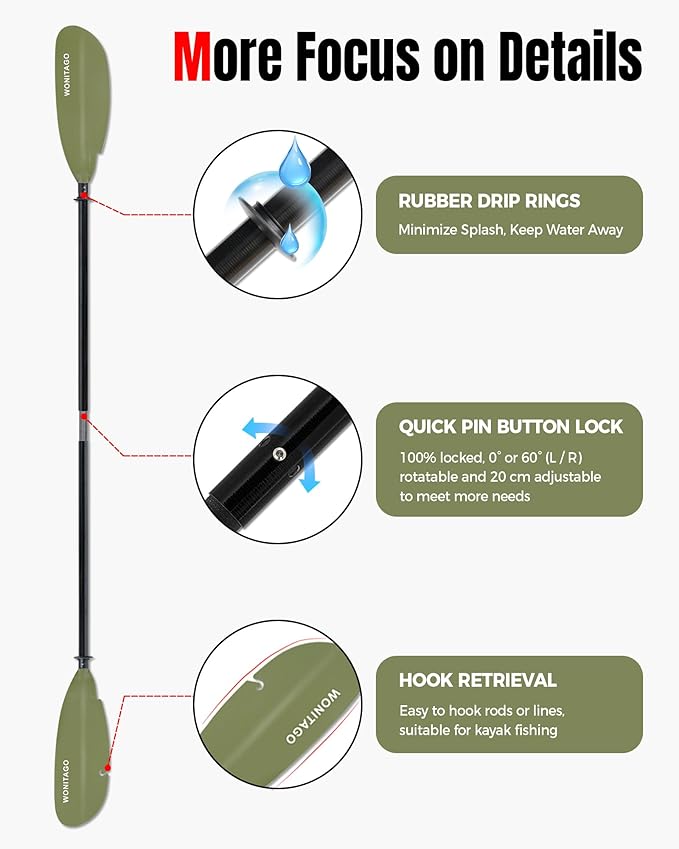 Angler Kayak Paddle with Fiberglass Shaft and Plastic Blade, Floating Adjustable Fihsing Kayak Oar, 220-240 cm/86-94", 240-260 cm/94-102", 260-280 cm/102-110"